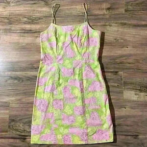 Vtg 90s RARE Lilly Pulitzer Yellow Floral Pink Lions Cubs Animal Green Dress 10